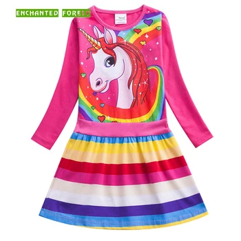 Fete veșminte lui 2019 nouă primăvară unicorn imprimare dungi curcubeu fată rochie cu mâneci lungi haine copii fete rochie de printesa