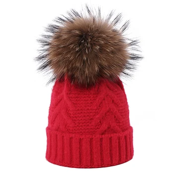 Iarna Lână Tricotate Pălărie Cu Căciuli De Blană Adevărată Pompon Moda Chelioși Căciuli Palaria Pentru Femei Fete Aer Liber Cald Gros Pălărie Drăguț