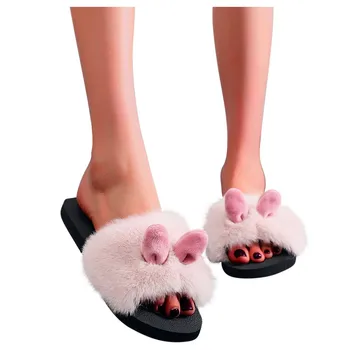 Femei Papuci de Moda Interior Ureche de Iepure Femei Pantofi Slip-on Deschis Deget de la picior Plat Iarna Cald Papuci Flip-Flops Pantofi Sandalias Mujer