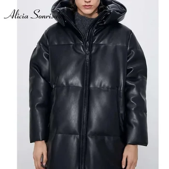 2020 iarna geaca de piele pu pentru femei de Moda Casual de Lungime medie din Bumbac captusit haina Liber Slim hanorac cu Glugă topuri negre de sex feminin