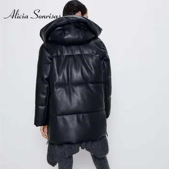 2020 iarna geaca de piele pu pentru femei de Moda Casual de Lungime medie din Bumbac captusit haina Liber Slim hanorac cu Glugă topuri negre de sex feminin