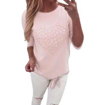 Nouă Primăvară cu Mâneci Lungi T-shirt de Moda Solid Casual de Cusut Dantela-Up Topuri Femeile 2020 O-gât Caracteristici în formă de Inimă Coarda haine