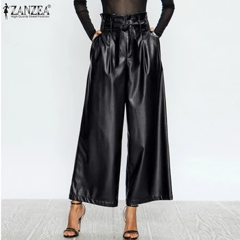 Plus Dimensiune Femei PU Piele Pantaloni ZANZEA 2021 Elegant Largi Picior Pantaloni Ruflle Talie Inalta Pantalon Palazzo Feminin Solid Nap