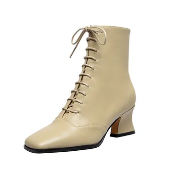 TAOFFEN Femei Reale din Piele Glezna Cizme Square Toe Toc Gros Pantofi de Iarna de Strada Încălțăminte Pantofi Casual Dimensiune 33-41