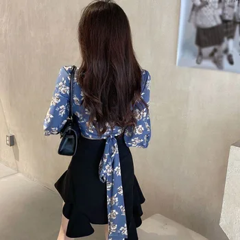 Femei Florale V Gât Dantelă Sexy Bandaj Expuse Buric Mâneci Lungi Tricouri Bluza 2020