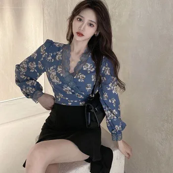 Femei Florale V Gât Dantelă Sexy Bandaj Expuse Buric Mâneci Lungi Tricouri Bluza 2020