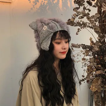 Dulce și frumoasă pisică ureche lână pălărie versiunea coreeană de iepure blană pălărie de sex Feminin Japonez tricotate Leifeng pălărie maree în toamna și iarna