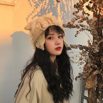 Dulce și frumoasă pisică ureche lână pălărie versiunea coreeană de iepure blană pălărie de sex Feminin Japonez tricotate Leifeng pălărie maree în toamna și iarna