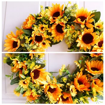 Decorative, Flori Artificiale Coronita Ghirlanda Cu Floarea-Soarelui Galben Și Verde, Frunze De Ușă Fereastră Decoratiuni De Nunta