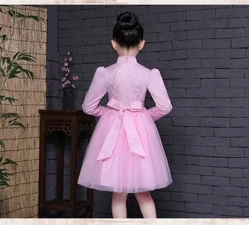 Chineză Stil Maneca Lunga Alb Roșu De Performanță Show De Seara Pentru Copii Rochie De Iarna Fata De Flori Petrecere, Rochii De Haine Pentru Copii