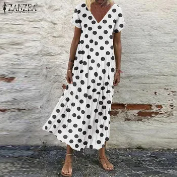 ZANZEA de Vară de Moda Leopard Imprimate Sundress Femei Short Sleeve Polka Dot Rochie Boem Plaja Vestido Plus Dimensiunea Rochie Caftan