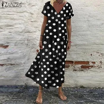 ZANZEA de Vară de Moda Leopard Imprimate Sundress Femei Short Sleeve Polka Dot Rochie Boem Plaja Vestido Plus Dimensiunea Rochie Caftan