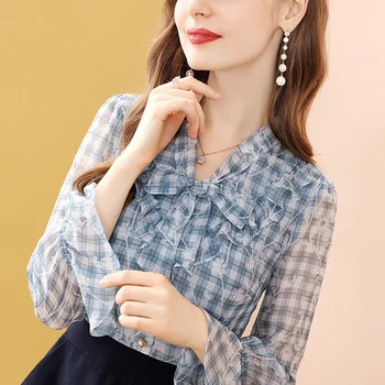 2021 Nouă Primăvară Flare Rochie Cu Maneci Pentru Femei Zburli Mozaic De Moda Midi Imprimate Șifon Rochii Guler De Arc Coreean Vestidos