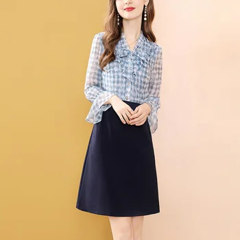 2021 Nouă Primăvară Flare Rochie Cu Maneci Pentru Femei Zburli Mozaic De Moda Midi Imprimate Șifon Rochii Guler De Arc Coreean Vestidos