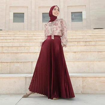 Talie inalta Fusta Plisata pentru Femei New Chic Arab din Dubai Glezna-lungime Rid Fuste de Culoare Solidă Musulmane Islamice Îmbrăcăminte Musulman