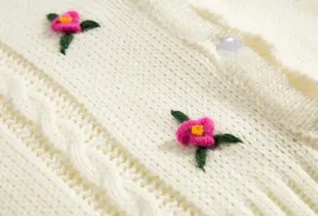 Broderie Albă Cardigan Pulover Femei Butonul Up V Gatului Maneca Lunga Florale Pulover Scurt Talie Mare Tricotate Cardigan