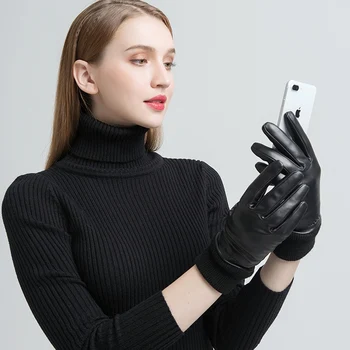 Gours Femei din Piele Mănuși de piele de Oaie Neagră Touch Ecran Mănuși Cu Tricot Manșetă Gros de Iarna de Cald Moda Noua GSL084