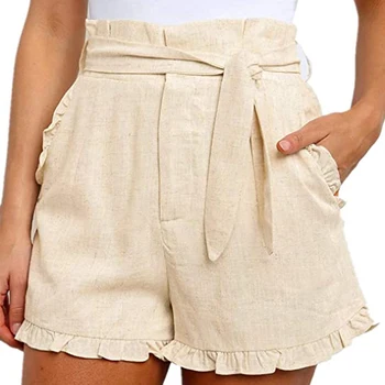 Moda Zburli Tiv Cu Centură Femei Pantaloni Casual Vrac Solid Pantaloni Scurți Lenjerie De Pat Din Bumbac Pantaloni Scurti Femei Cu Talie Înaltă Vara Plus Dimensiune