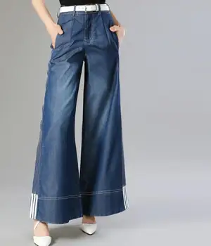 Plus dimensiune 4XL!Vintage Subțire Tencel blugi femei prietenul Înaltă Talie Pantaloni Largi Picior lateral cu Dungi, Blugi Largi Femei Pantaloni