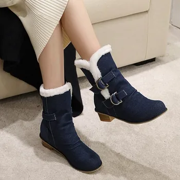 Pantofi de iarna pentru femei cizme de blană și susținere cald puf cizme de zapada 2020 rotund toe indesata mijlocul tocuri Denim glezna cizme marimea 47 48