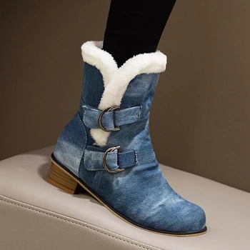 Pantofi de iarna pentru femei cizme de blană și susținere cald puf cizme de zapada 2020 rotund toe indesata mijlocul tocuri Denim glezna cizme marimea 47 48