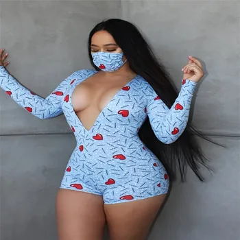 Sexy Lady V Adânc Gât Pijama Body Pentru Femei Maneca Lunga Inima Bodycon Imprimare Playsuits Sleepwear Acasă De Cauzalitate Beachwear Cu Masca