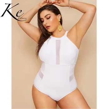 KE 2019 nou sexy dimensiuni mari de culoare solidă costum de baie alb dimensiuni mari femeii plus dimensiunea femei trend cu pad sârmă gratuit poliester