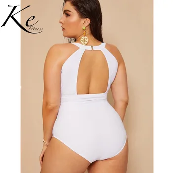 KE 2019 nou sexy dimensiuni mari de culoare solidă costum de baie alb dimensiuni mari femeii plus dimensiunea femei trend cu pad sârmă gratuit poliester