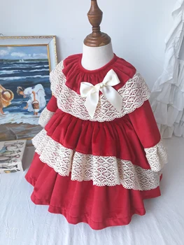 Fetița Toamna Iarna Dantelă Roșie de Catifea cu Maneci Lungi Vintage spaniolă Lolita Printesa Rochie de Bal Rochie pentru Fete de Craciun Casual