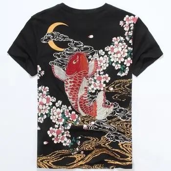 Japoneze Ukiyoe Stil Unisex Tricou Broderie Crap de Pește de Înaltă Calitate Vară Etnice T-shirt, Blaturi Teuri de Moda Transport Gratuit