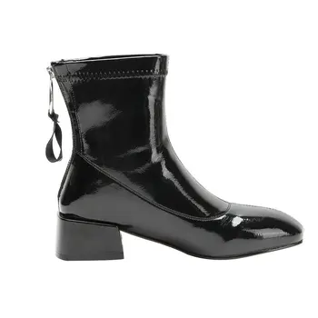 Alb-Negru De Moda Cu Fermoar Femei, Cizme Piele Pu Moale Glezna Cizme Confortabile Pătrat Toc Scăzut Toamna Iarna Doamnelor Pantofi