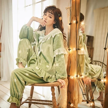 MELIFLE Iarna Mătase Verde Pijama Seturi pentru Femei Catifea Moale Cald Pijamale Flanel Atoff Acasă Satin de Pluș Drăguț îmbrăcăminte de noapte