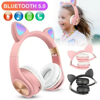 LED-uri de Pisică Ureche Căști Bluetooth 5.0 Anulare a Zgomotului Adulți Copii Fata de setul cu Cască Suport TF Card FM Radio Cu Microfon Wireless+Cablu