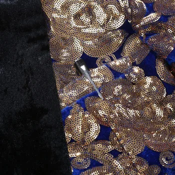 PYJTRL Bărbați Elegant Șal Rever Royal Albastru Catifea Sacou Slim Fit Plus Dimensiune 5XL Aur Paiete Florale, DJ Nunta Cantareata Sacou Costum