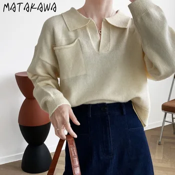 MATAKAWA Liber Pulover Casual pentru Femei Exterior Purta Guler de Turn-down Toamna Noua Culoare Pură Tricot Pulovere pentru Femei