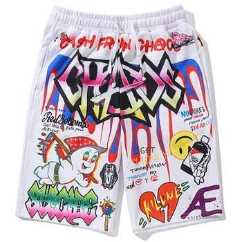Hip Hop Graffiti Print pantaloni Scurți Bărbați Desene animate Bermude Plaja pantaloni Scurți Genunchi-lungime Hip-Hop de Talie Elastic High Street Vara pantaloni de Trening