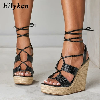 Eilyken 2021 Nou Serpentine de Înaltă Calitate, Solid Pene Sandale cu Platforma Peep Toe Dantela-Up Casual Moda Femei Sandale marimea 35-42