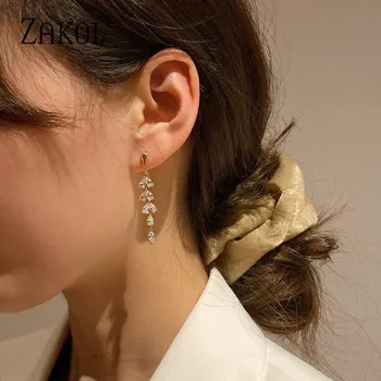 ZAKOL coreean Farmec Aur Frunze de Culoare Cercei pentru Femeile Rafinate Mici Zirconia Legăna Cercei de Cristal Elegant Bijuterii de Nunta