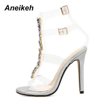 Aneikeh Dimensiune 41 42 Sandale de Vara Femei Catarama Curea de Lux Albastru de Cristal Lanț Transparente din PVC cu Toc sandale Sexy Sandale