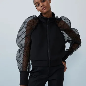 2020 Toamna Iarna Femei Nou Împletit Organza cu Buline Puff Sleeve Solid Scurt Sacou Casual cu Maneca Lunga Îmbrăcăminte exterioară Cald