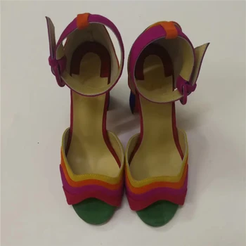 Colorate, Piele De Căprioară Mozaic Sandale Femei Copita Toc Peep Degetele De La Picioare Acoperi Toc De Curea Glezna Partea Tăiate Out Pantofi De Partid Femeie