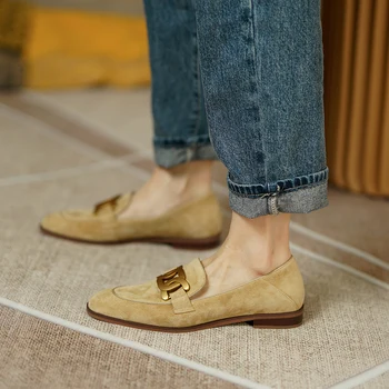 Pantofi femei Piele naturala Balerini Mocasini Rotund-Deget de la picior de Oaie piele de Căprioară Metal Decor Slip-on Încălțăminte Doamnelor Confortabil Pantofi Casual 2021 Noi