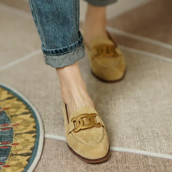 Pantofi femei Piele naturala Balerini Mocasini Rotund-Deget de la picior de Oaie piele de Căprioară Metal Decor Slip-on Încălțăminte Doamnelor Confortabil Pantofi Casual 2021 Noi