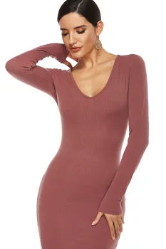 Femei Toamna Iarna Sexy Adânc V-gât cu Mâneci Lungi Grace Dress 2020 Femei Culoare Solidă Strâns Tricotat Petrecere de Club Plus Dimensiunea Rochie