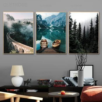 Rezumat Peisaj Natural Panza Pictura Ceață, Pădure, Lac, Barcă Arta De Perete Imagine Decorațiuni Interioare Living Poster Fara Rama