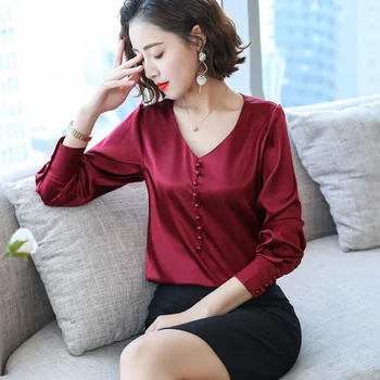 Femei elegante Bluza Imitație de Mătase, Satin, Bluze Office Lady Femei Topuri 2021 Primăvară Maneca Lunga Multi-buton V-neck Shirt 8000