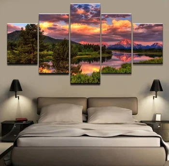 Arta de perete Poster Canvas HD Imprima Un Frumos Apus de soare și Râu de Copaci Imagini 5 Piese Tablou Living Home Decor Cameră