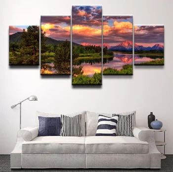 Arta de perete Poster Canvas HD Imprima Un Frumos Apus de soare și Râu de Copaci Imagini 5 Piese Tablou Living Home Decor Cameră