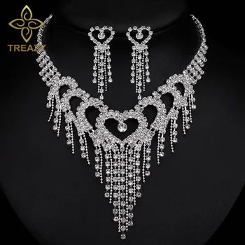 TREAZY de Lux cu Argint Culoare Cristal Cravată Colier Cercei Set Bijuterii pentru Femei Inima Ciucuri Mireasa Nunta Seturi de Bijuterii