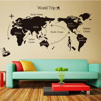 Negru Lumii harta Vinil Autocolante de Perete pentru camera Copii Home Decor de birou Art Decalcomanii 3D Tapet camera de zi de decorare dormitor